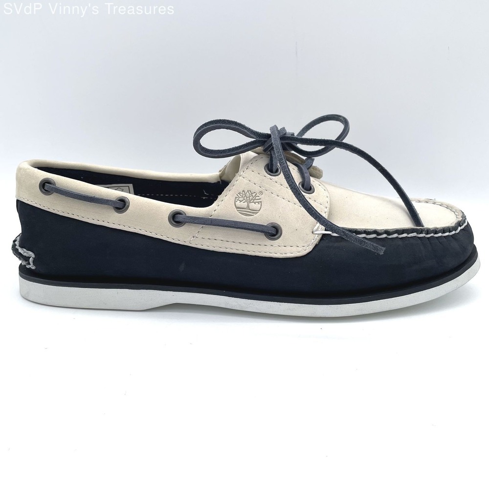 Timberland Classic 2-Eye Navy Blue Cream Leather Boat Shoes Men's Size 10M